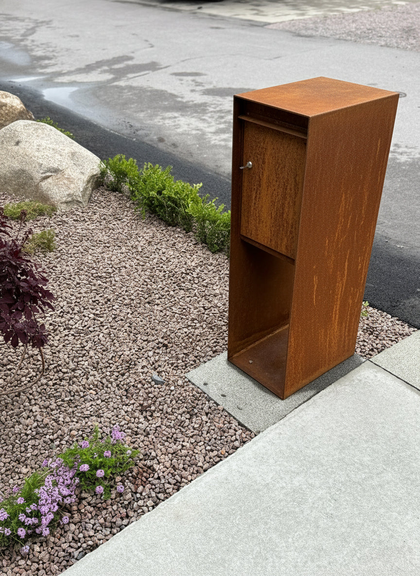 Brevlåda i 4 mm cortenstål med låsbar lucka