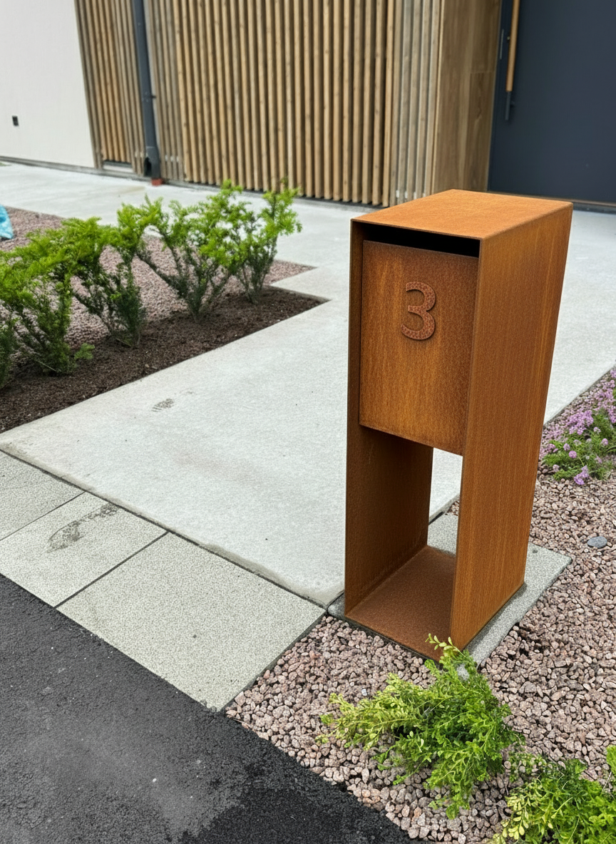 Brevlåda i 4 mm cortenstål med låsbar lucka