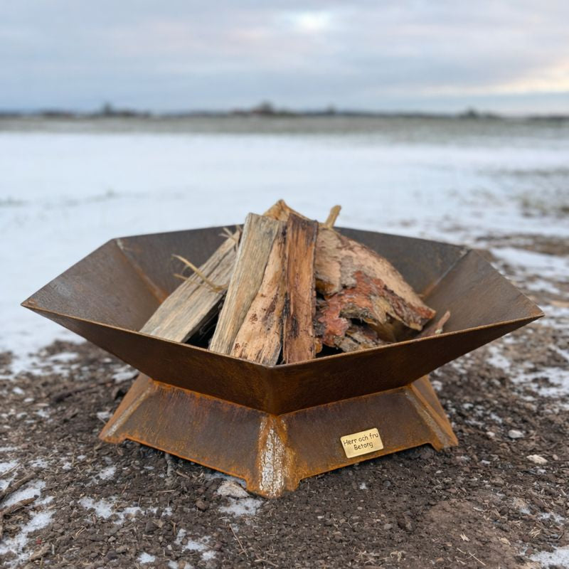 Hexagon eldkorg i cortenstål – 70 cm